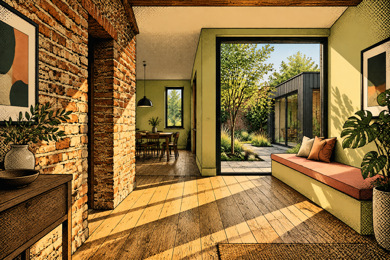 Konzeptbild eines Holz-Glas-Anbaus an ein Ziegelhaus mit Blick in einen begrünten Innenhof.
